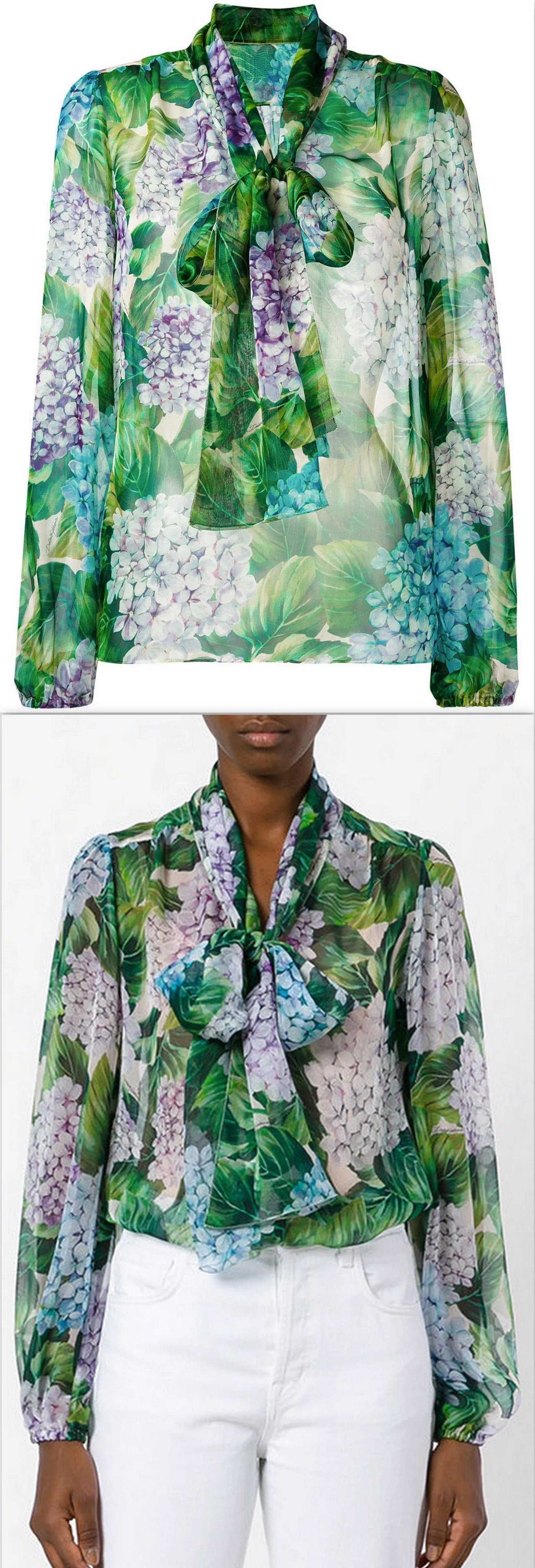 Hydrangea Print Pussy-Bow Silk Blouse