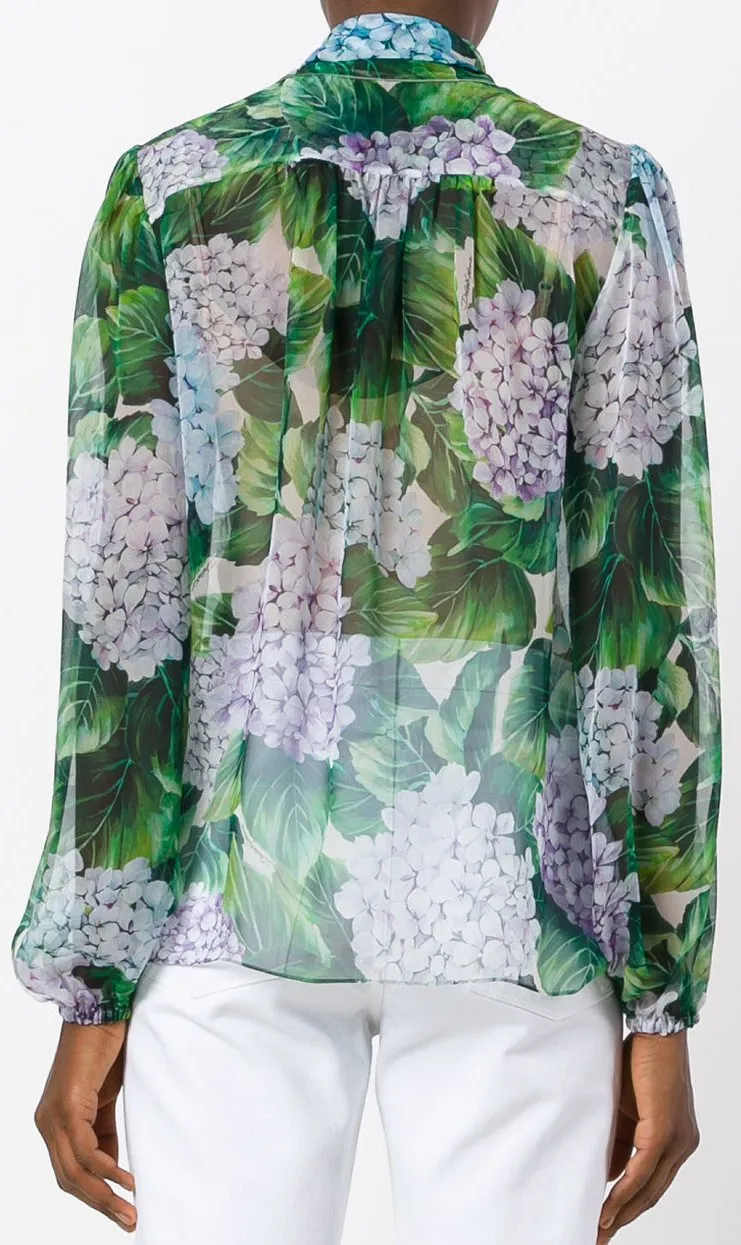 Hydrangea Print Pussy-Bow Silk Blouse