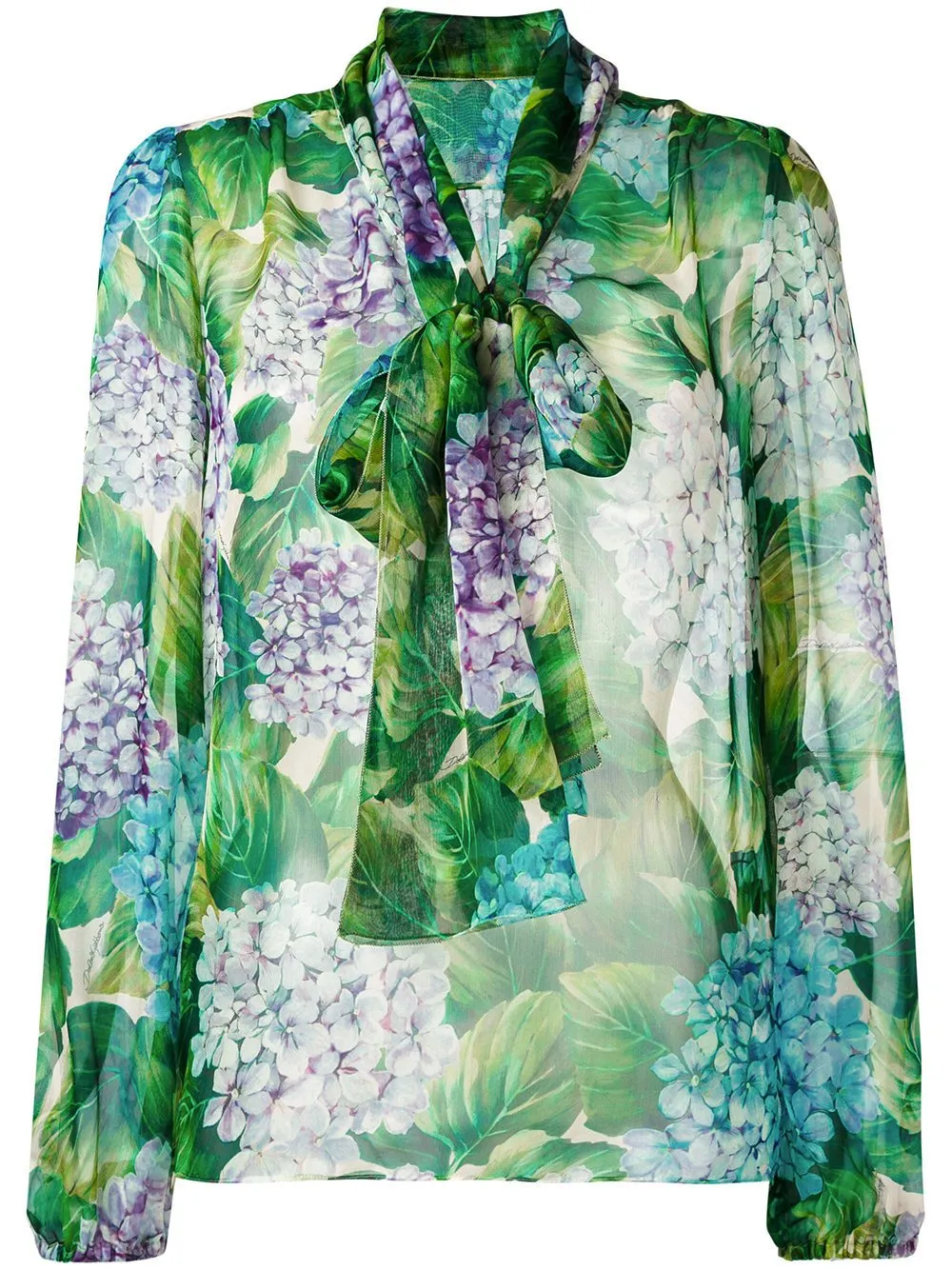 Hydrangea Print Pussy-Bow Silk Blouse