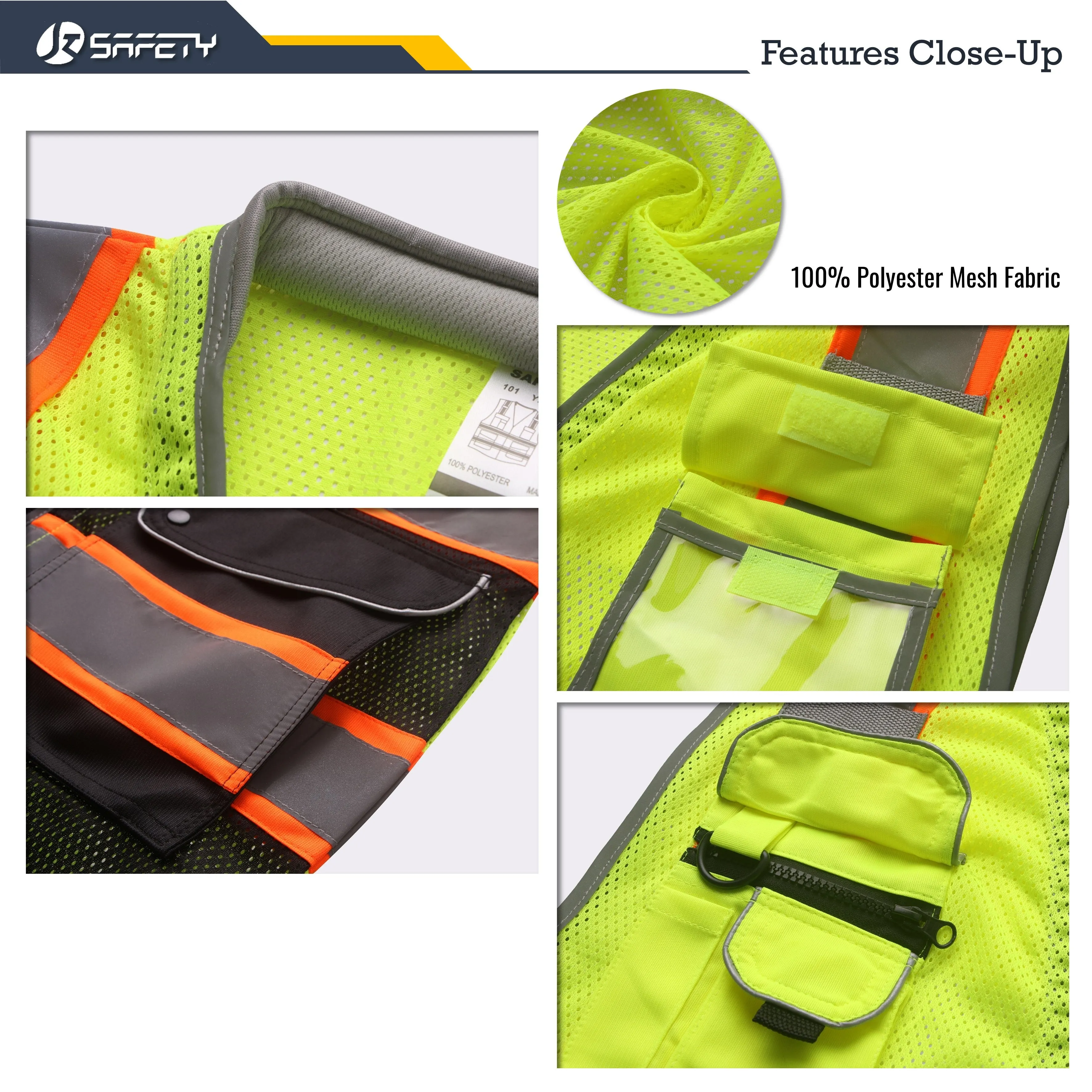 JKSafety 9 Pockets Mesh Two-Tone Hi-Vis Reflective Safety Vest, Cushion Collar, Black Bottom (JK101)