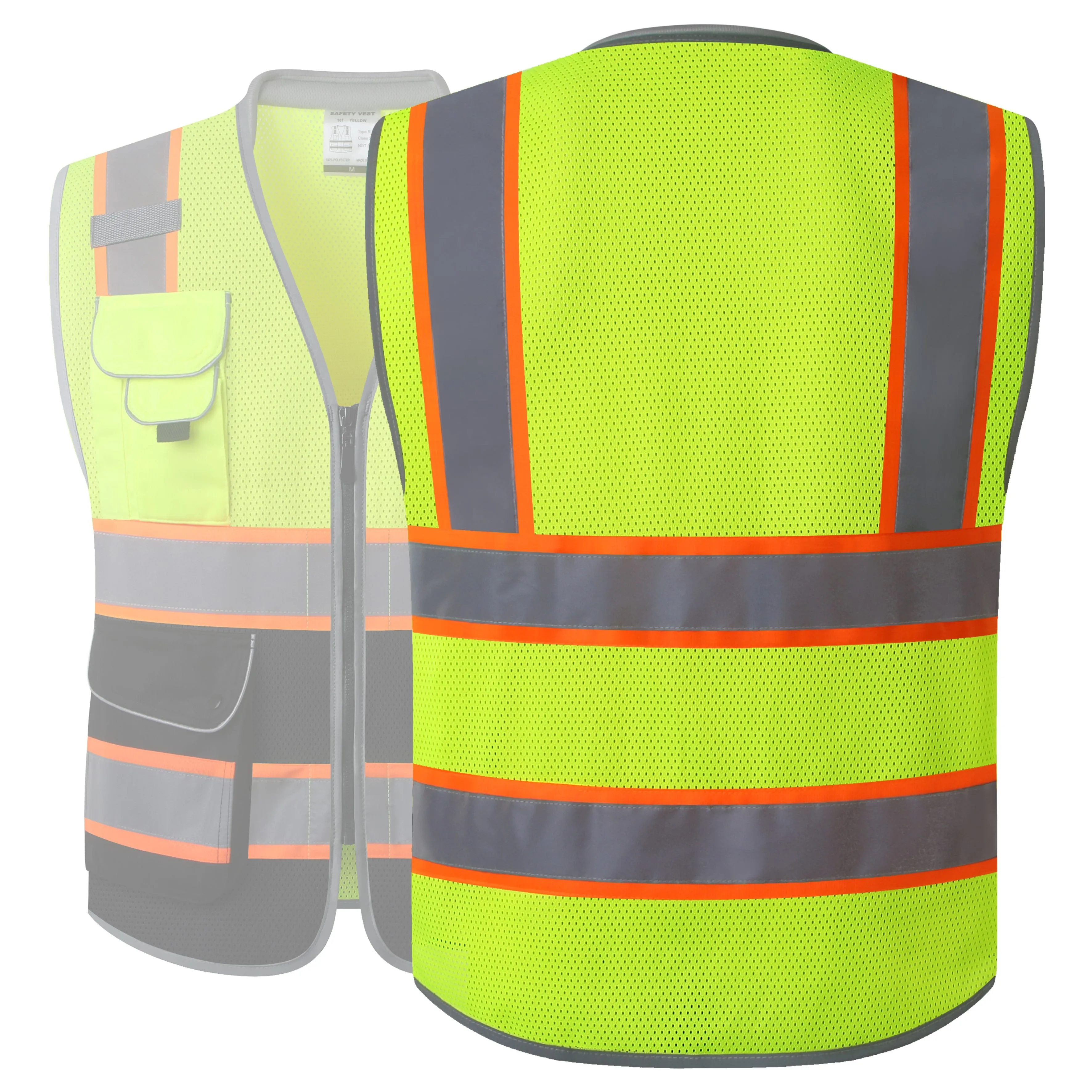 JKSafety 9 Pockets Mesh Two-Tone Hi-Vis Reflective Safety Vest, Cushion Collar, Black Bottom (JK101)