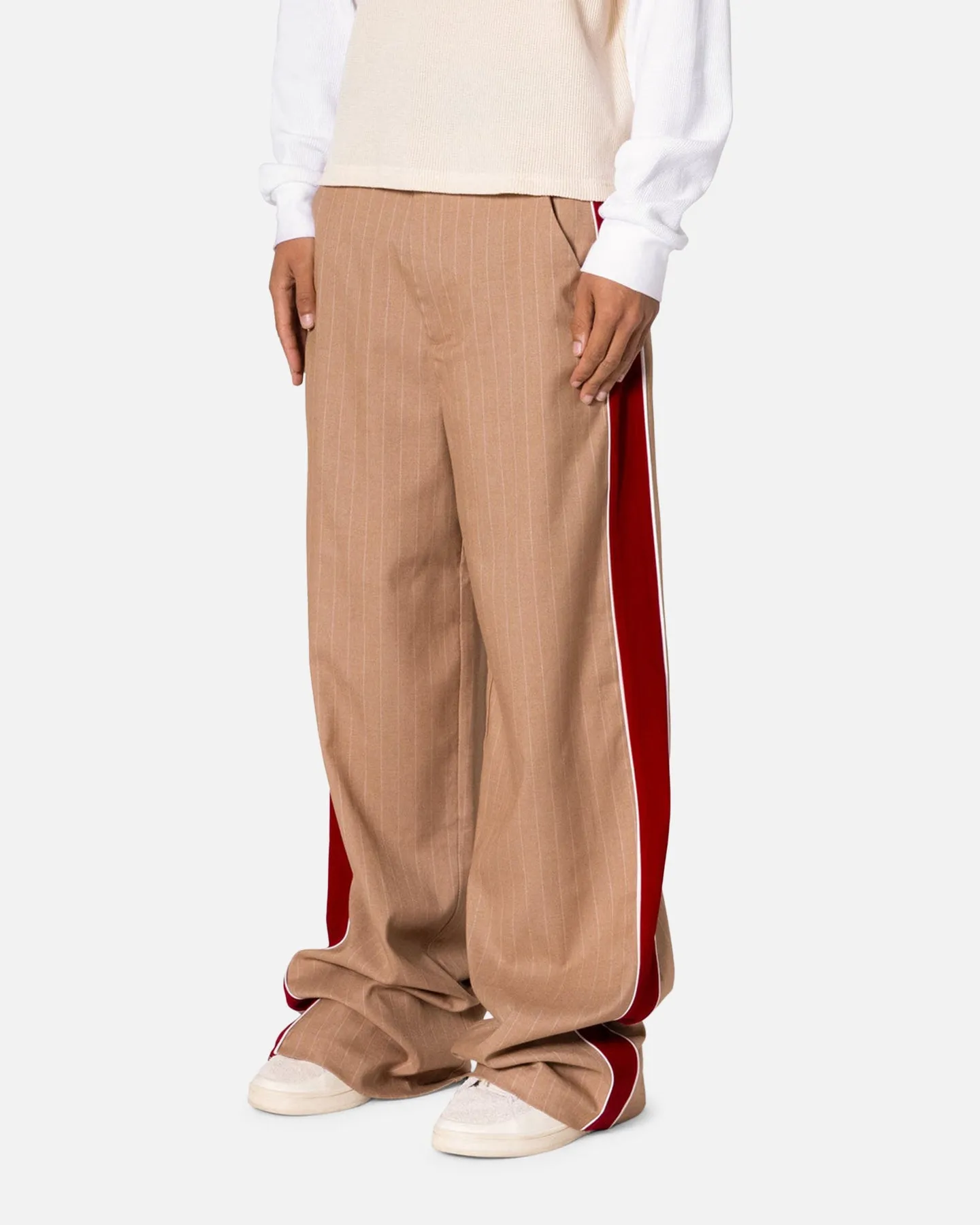 MNML Pinstripe Velvet Trim Pants Tan