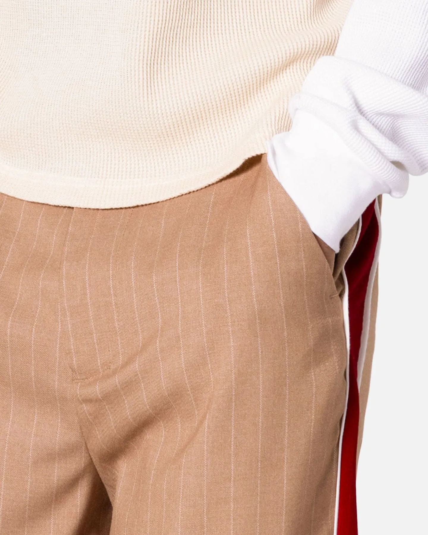 MNML Pinstripe Velvet Trim Pants Tan