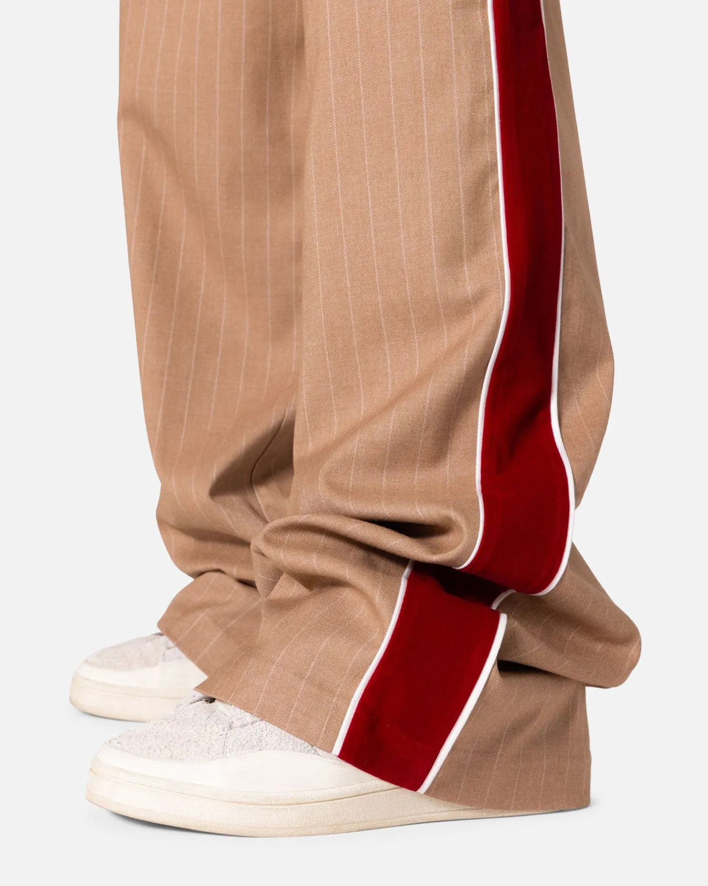 MNML Pinstripe Velvet Trim Pants Tan