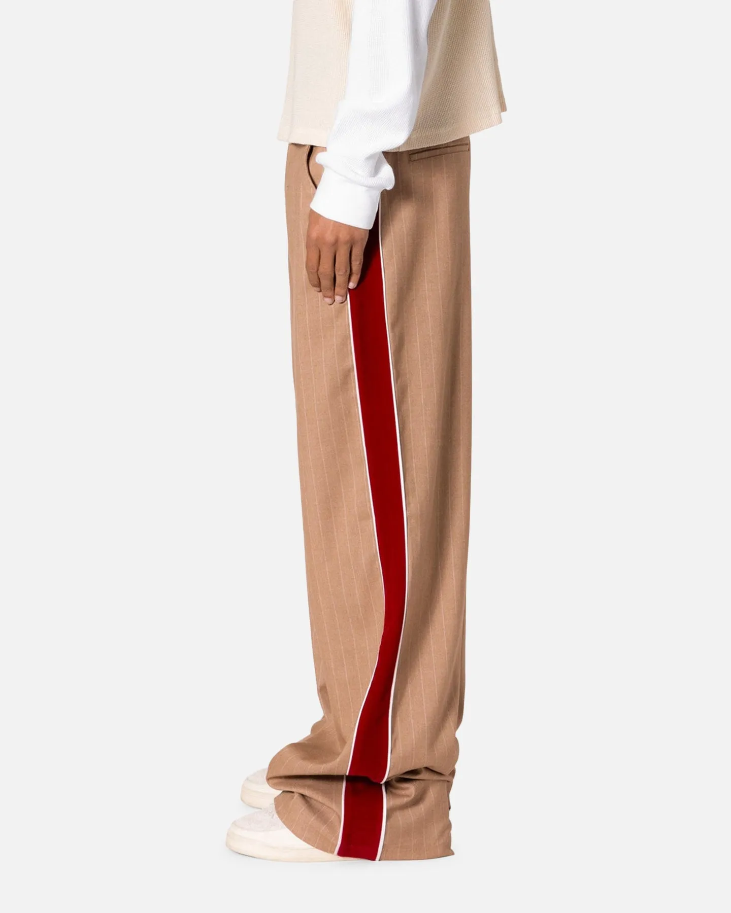 MNML Pinstripe Velvet Trim Pants Tan