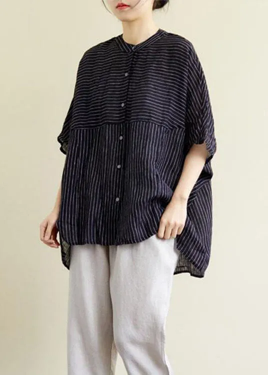 Modern Black Button Striped Tops Half Sleeve