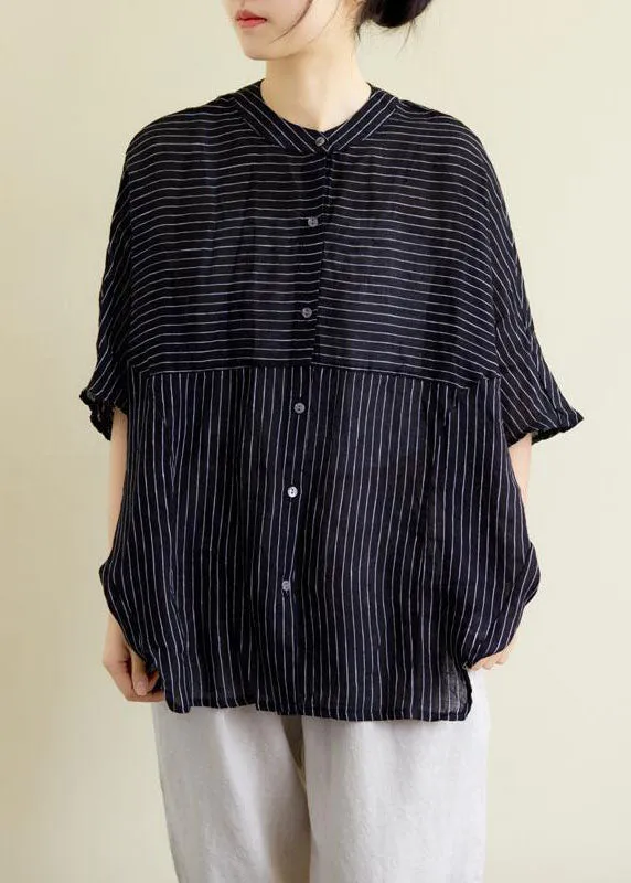 Modern Black Button Striped Tops Half Sleeve