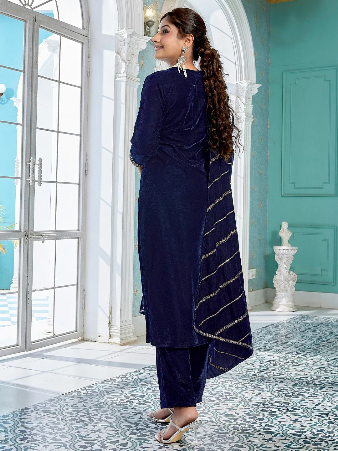 Navy Blue Velvet Zari Embroidered Straight Kurta Set