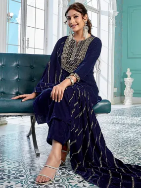 Navy Blue Velvet Zari Embroidered Straight Kurta Set