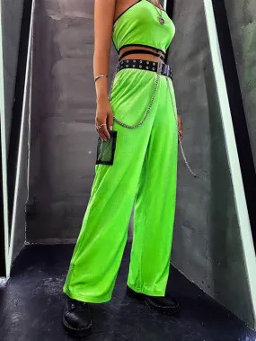 Neon Lime Velvet Wide Leg Pants Without Belt