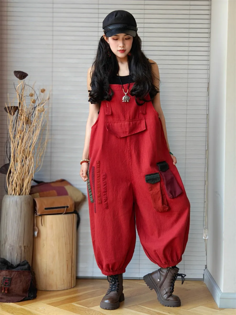 red Denim Retro Drop Crotch Overalls