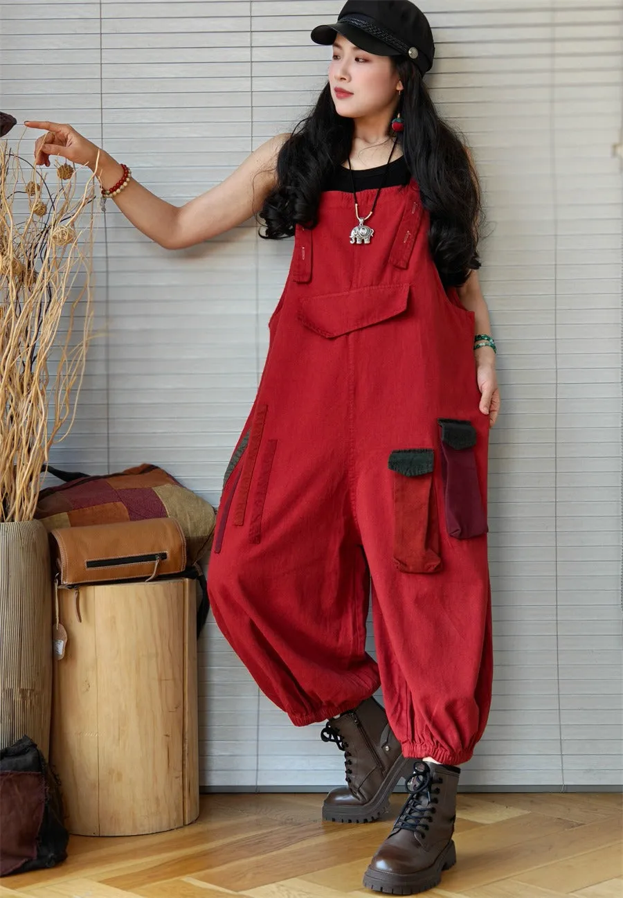 red Denim Retro Drop Crotch Overalls