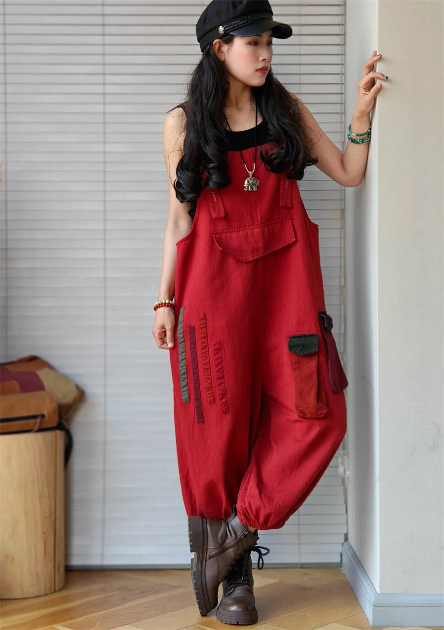 red Denim Retro Drop Crotch Overalls