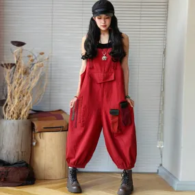 red Denim Retro Drop Crotch Overalls