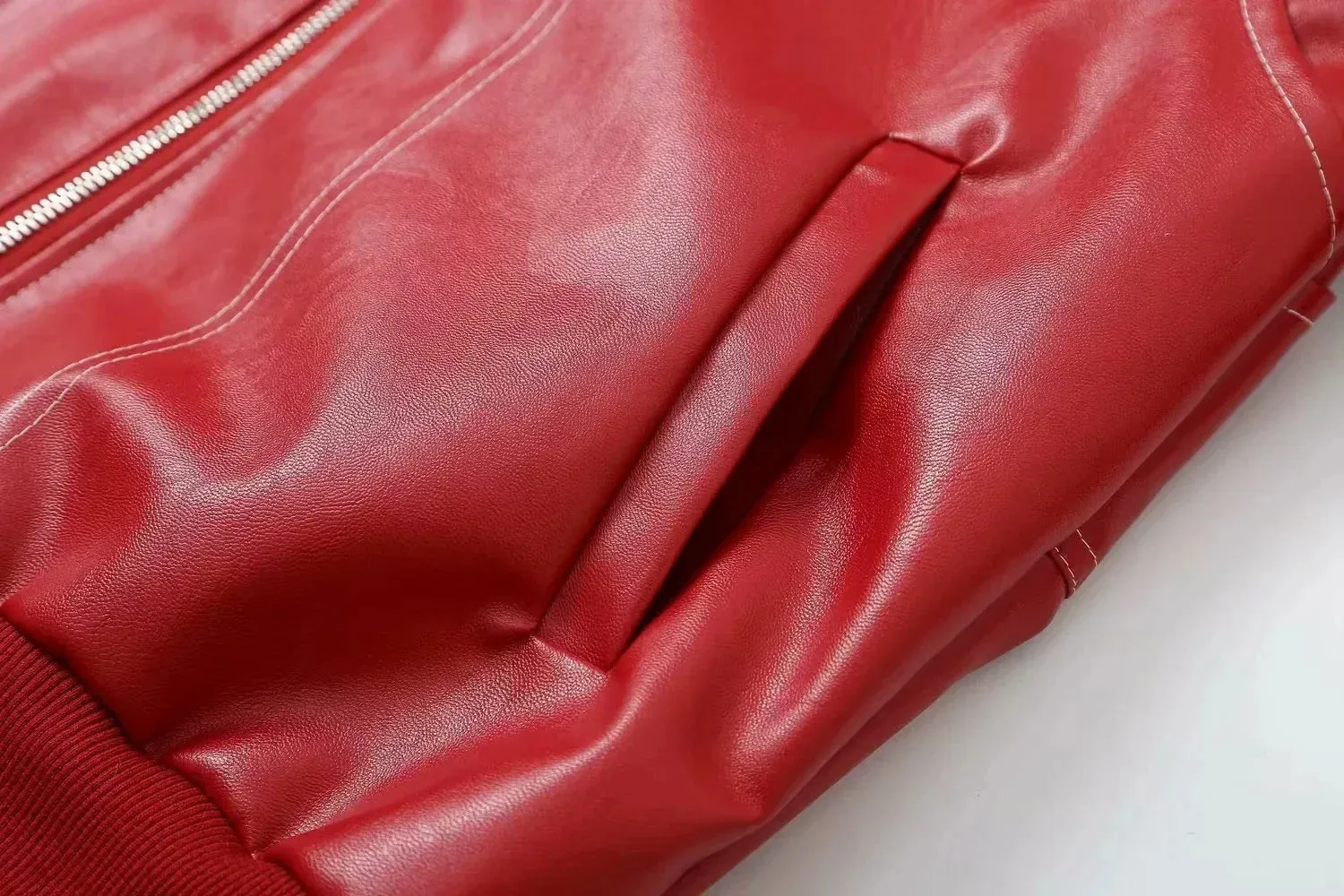 Red Faux Leather Bomber Jacket for Women