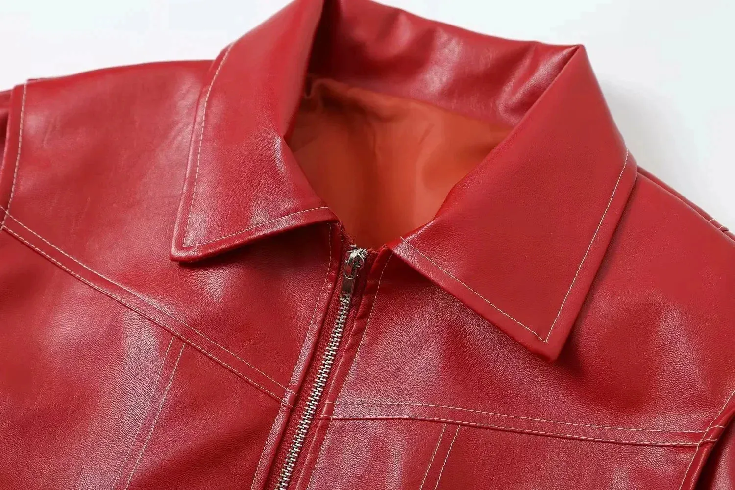 Red Faux Leather Bomber Jacket for Women