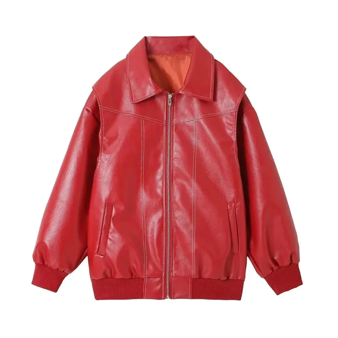 Red Faux Leather Bomber Jacket for Women