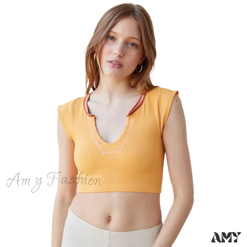 Ribbed V Neck Sleeveless Knitted Striped Aesthetic Summer Streetwear Crop Top