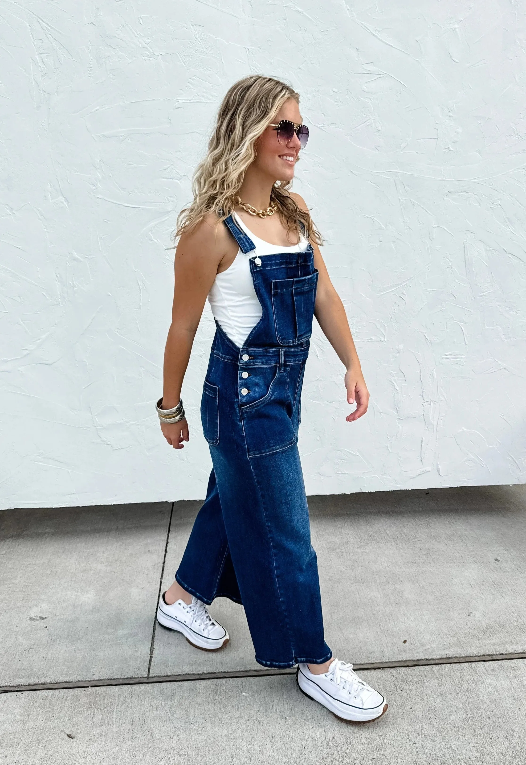 Scout Cropped Wide Leg Dark Wash Denim Overalls from Blakeley