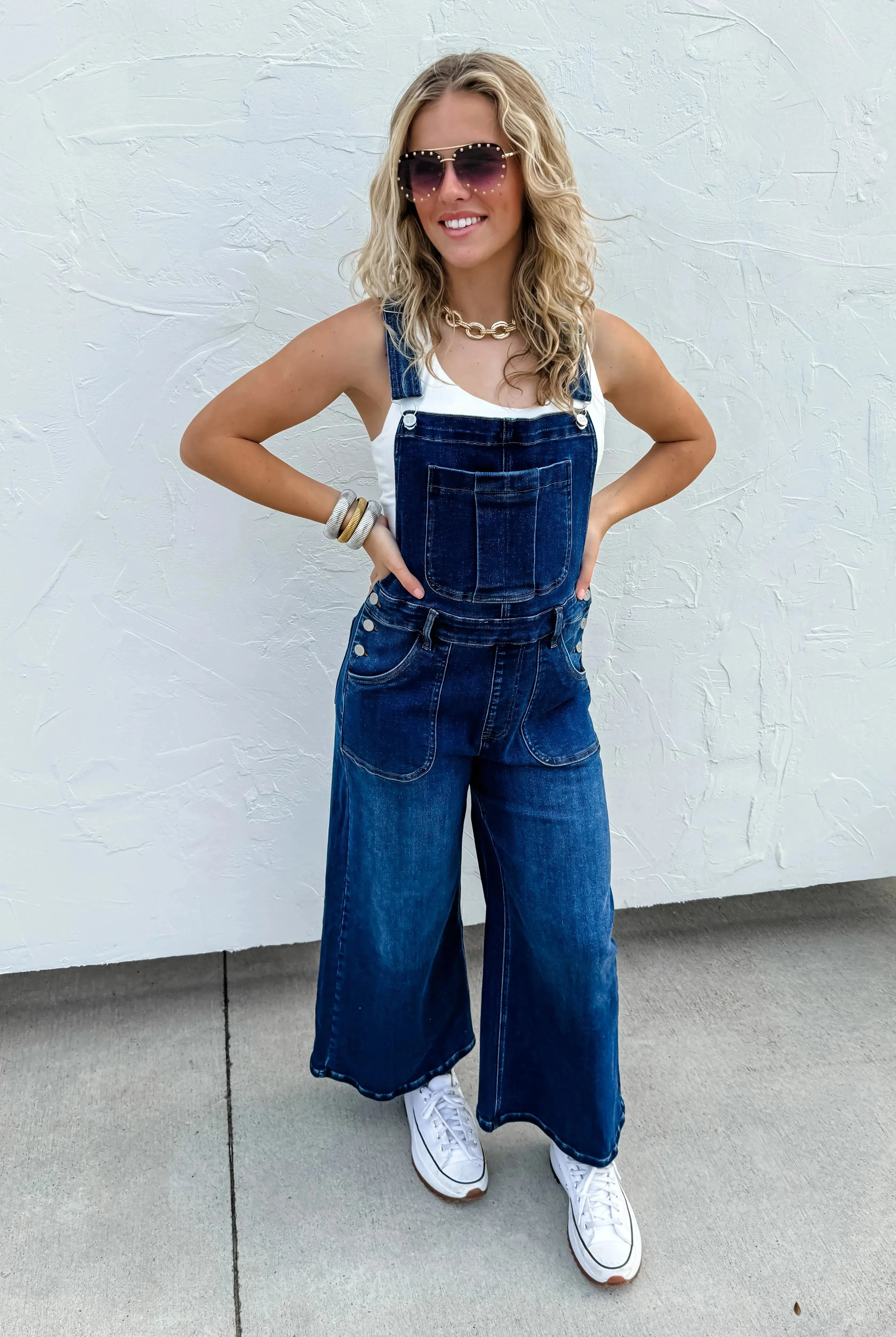 Scout Cropped Wide Leg Dark Wash Denim Overalls from Blakeley