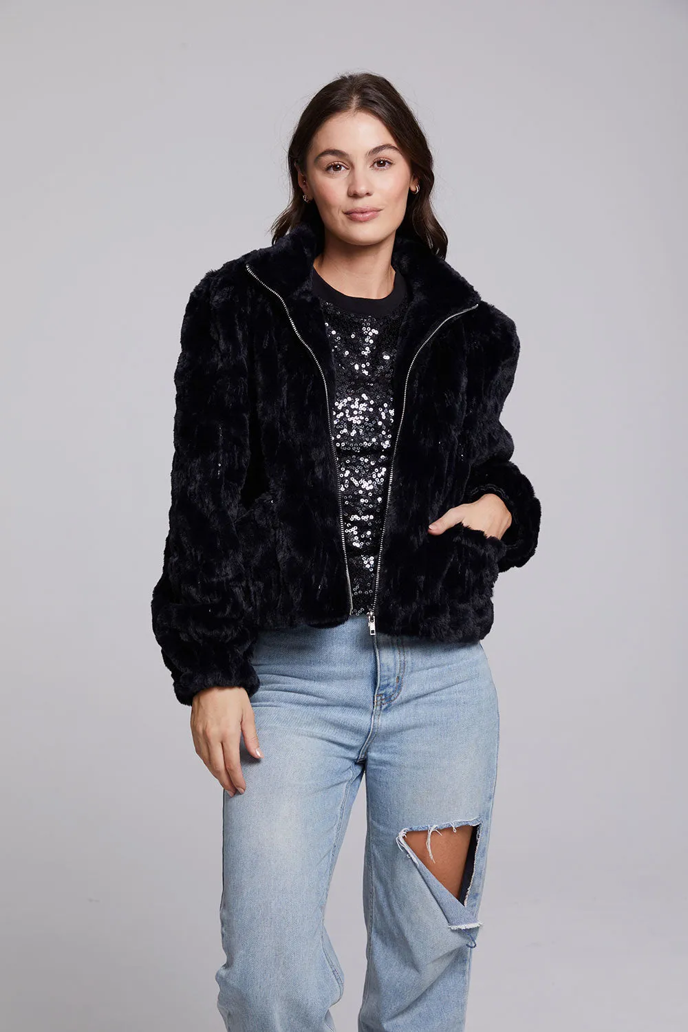 Sequin Faux Fur Puff Sleeve Jacket