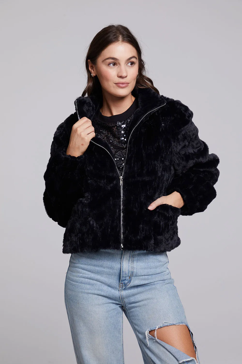 Sequin Faux Fur Puff Sleeve Jacket