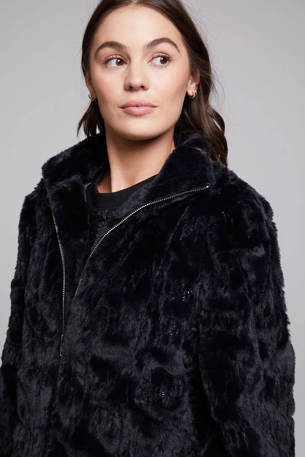 Sequin Faux Fur Puff Sleeve Jacket