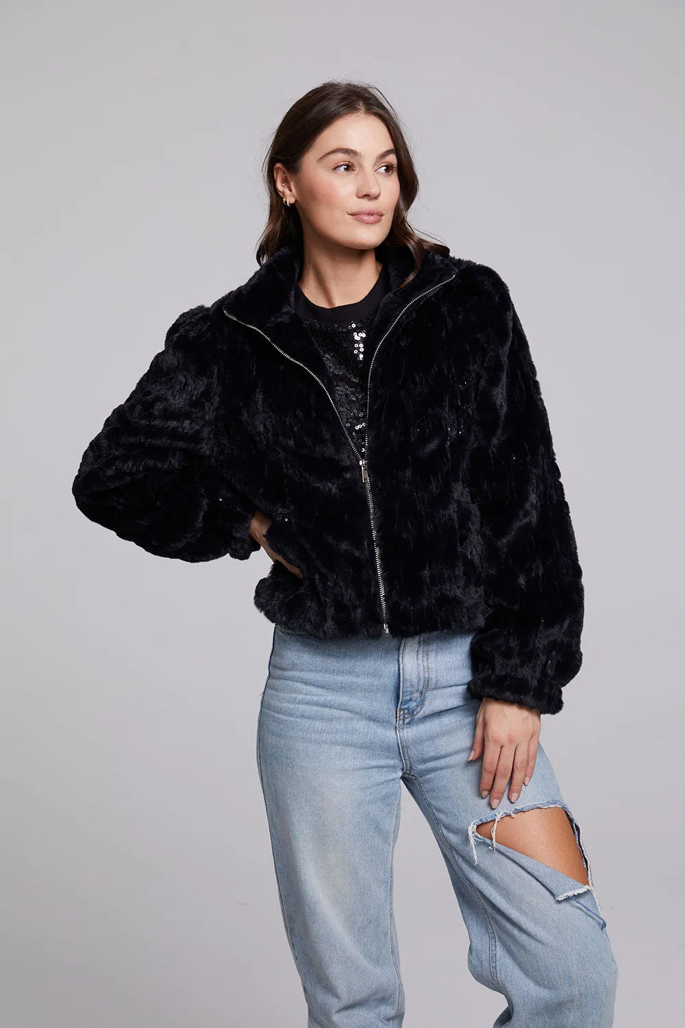 Sequin Faux Fur Puff Sleeve Jacket