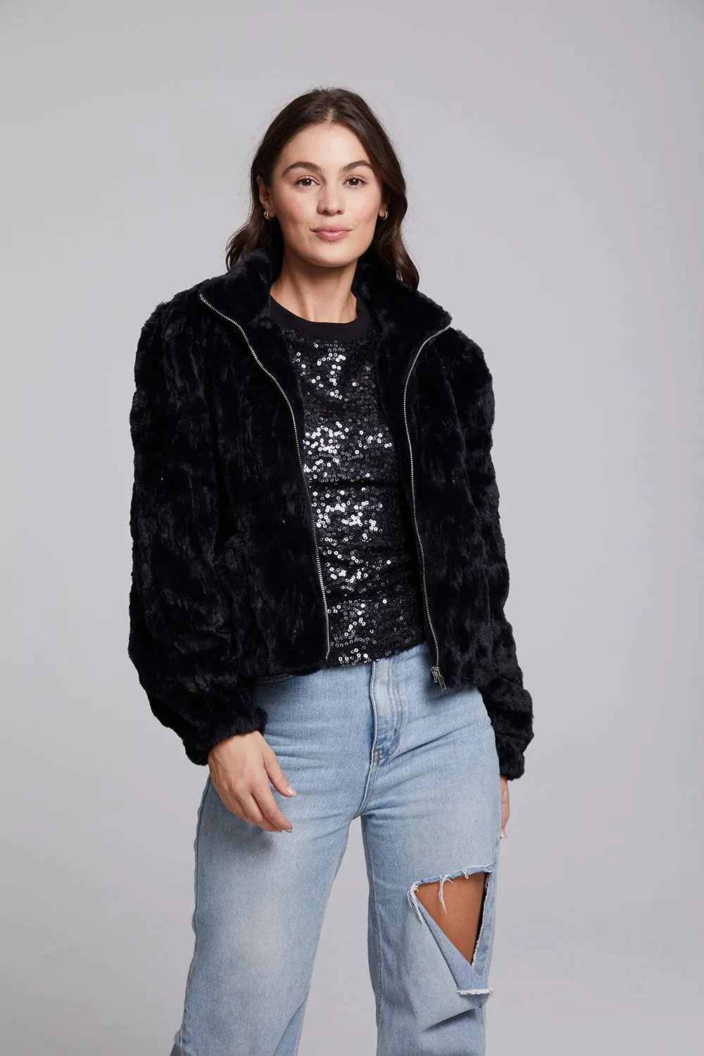 Sequin Faux Fur Puff Sleeve Jacket