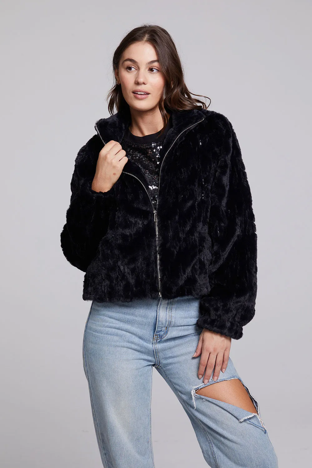 Sequin Faux Fur Puff Sleeve Jacket