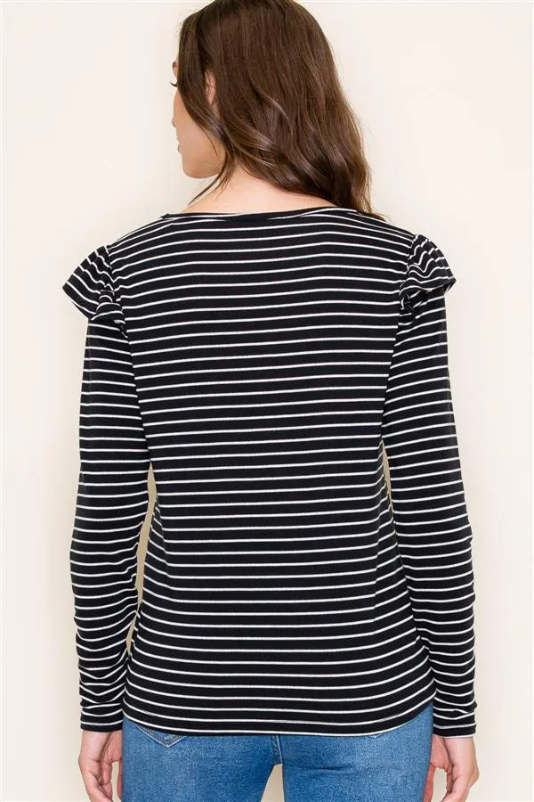 Soft Black Striped Ruffle Top