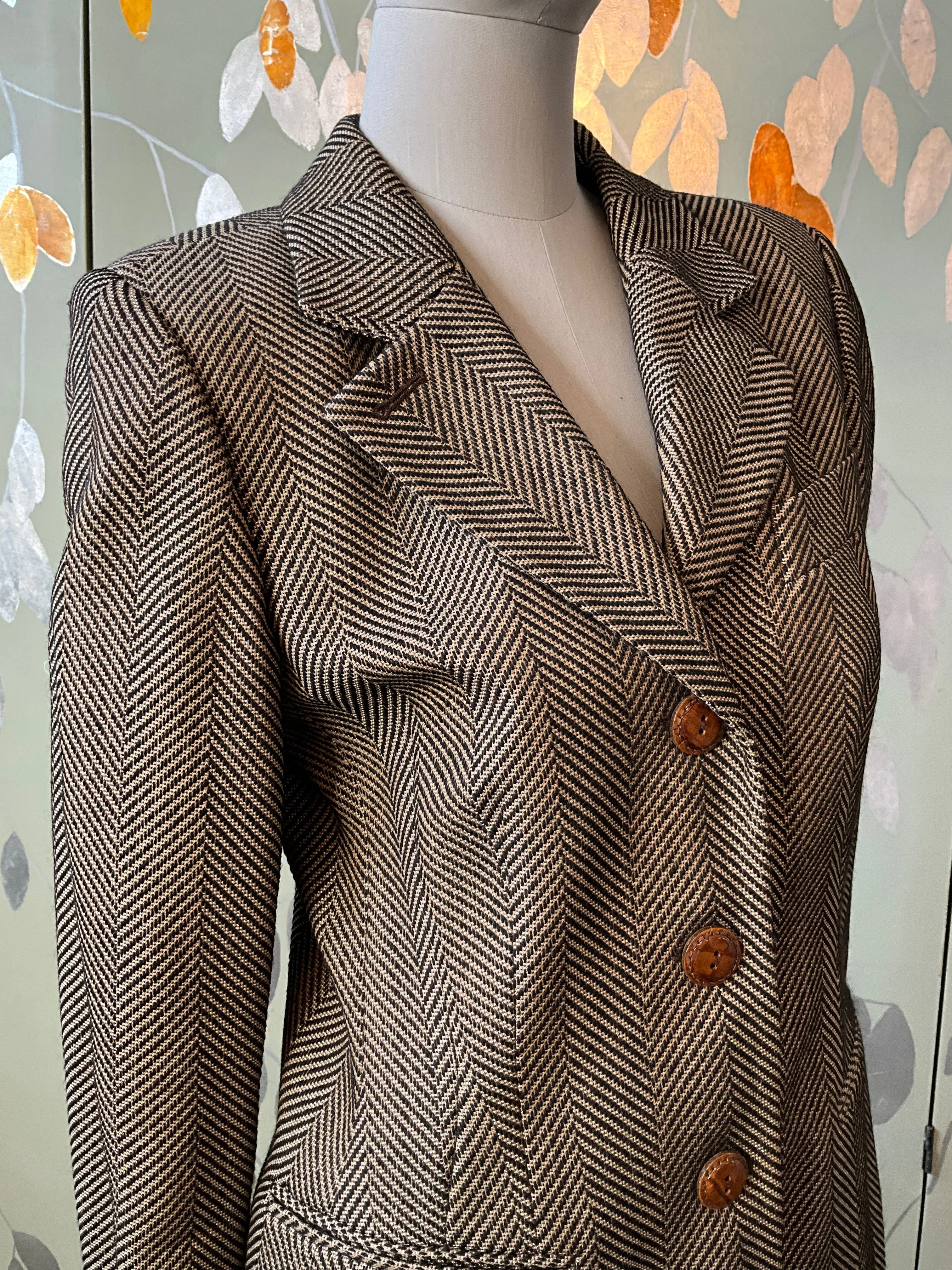 Vintage 1980s Gianfranco Ferré Brown & Black Herringbone Wool Blazer, M-L