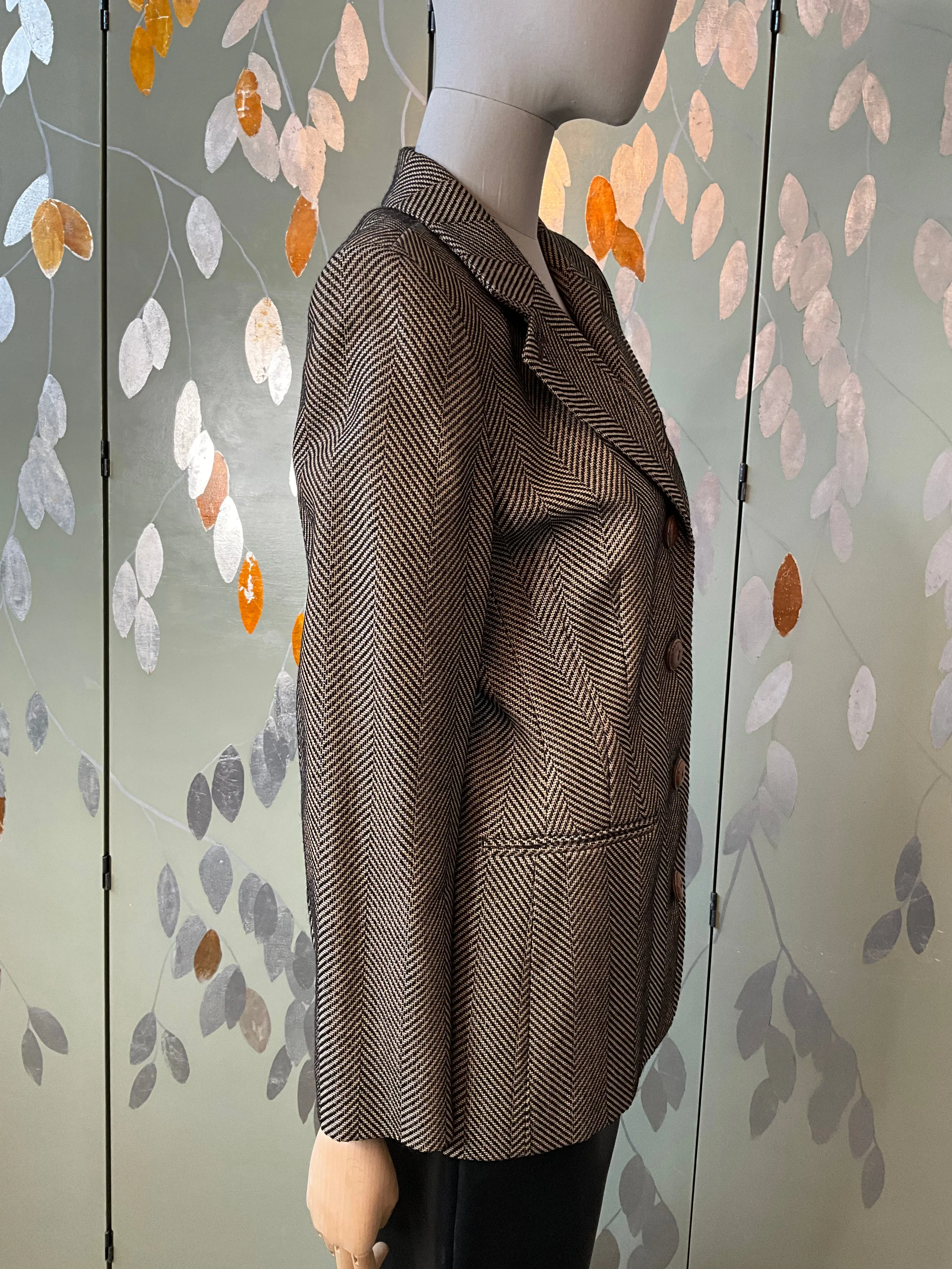 Vintage 1980s Gianfranco Ferré Brown & Black Herringbone Wool Blazer, M-L