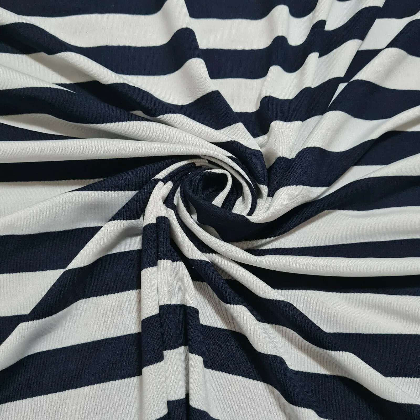 Viscose Polyester Jersey Fabric Navy And White Striped 66" Sold By The Metre A1-103