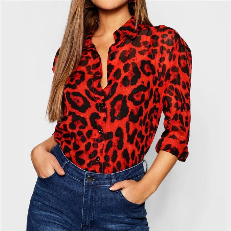 Women Blouses Sexy Long Sleeve Leopard